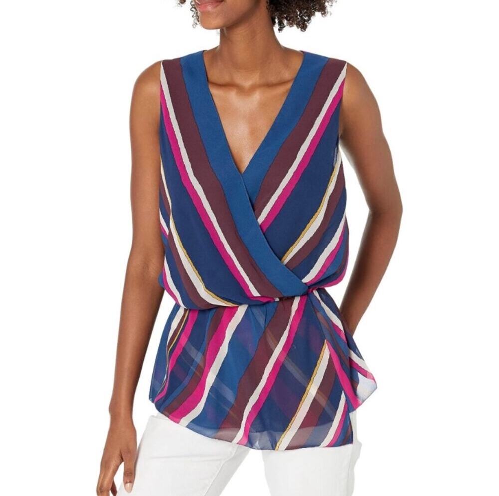 Trina Turk NWT Stellar Surplice Sleeveless Peplum Top Multicolor Medium